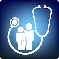Picture of a graphic of family stick figures (parents and child)  and a large stethoscope next to the figures.